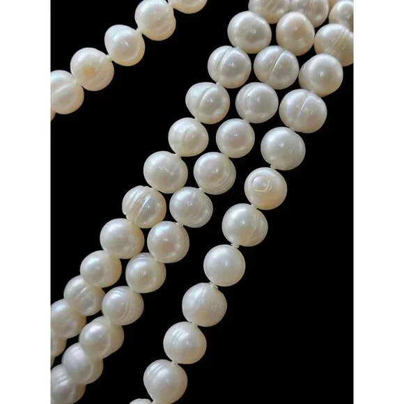 Freshwater Ringed Pearl Necklace 80" Glowing Bridal White 9mm-10mm Free Form